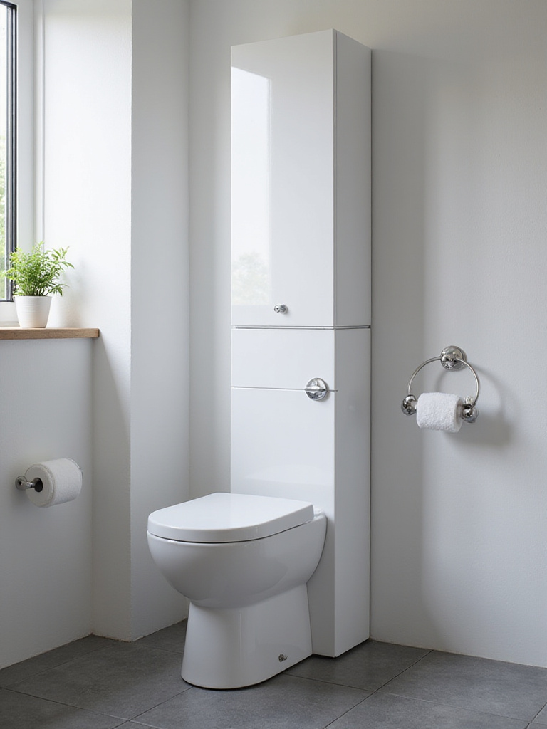 Tall, narrow cabinet in a modern bathroom fitting between toilet and wall.