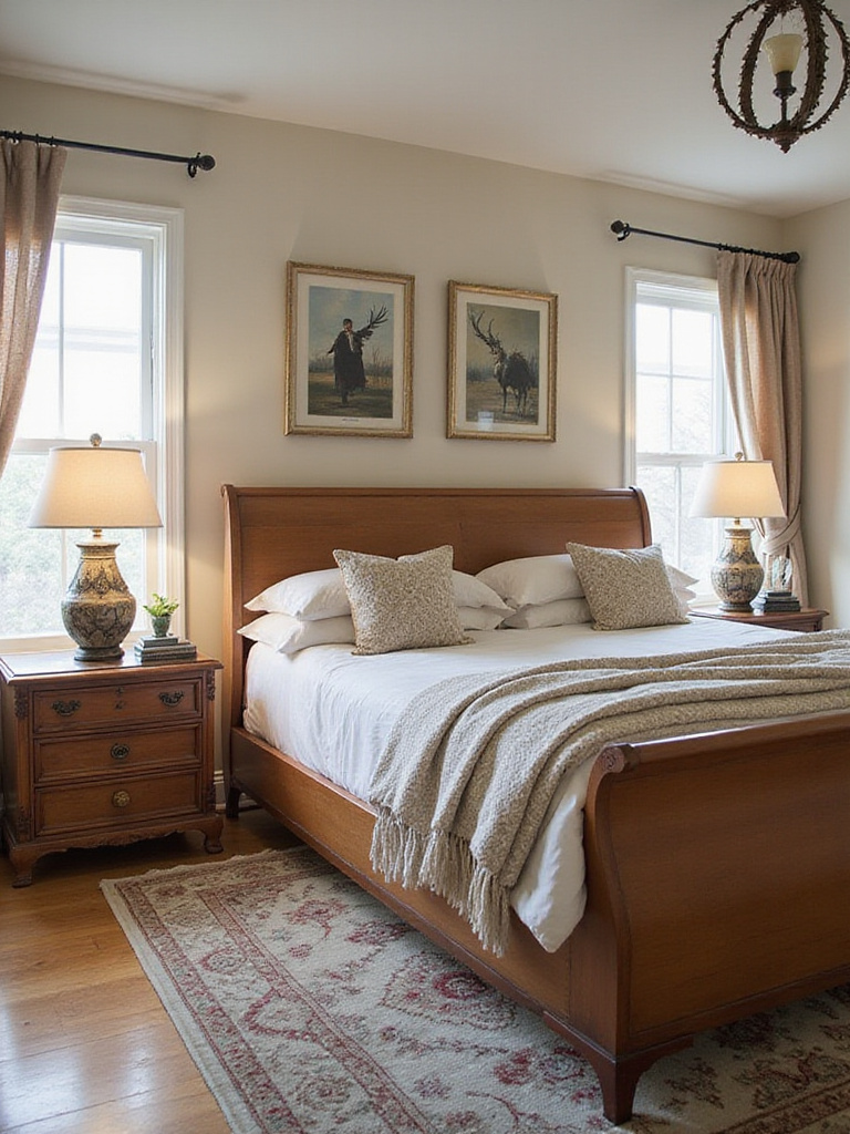 A bedroom featuring a mix of mid-century modern and antique furniture styles, showcasing a cohesive and curated design.