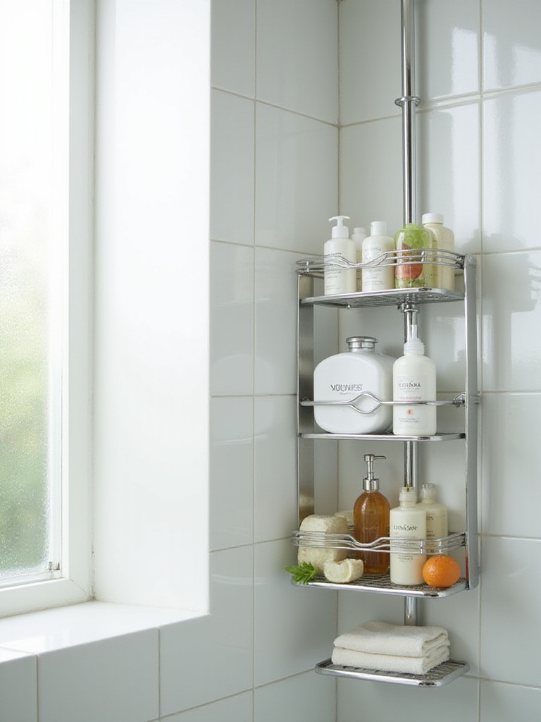 Multi-tier caddy in a shower, organized with bath essentials.