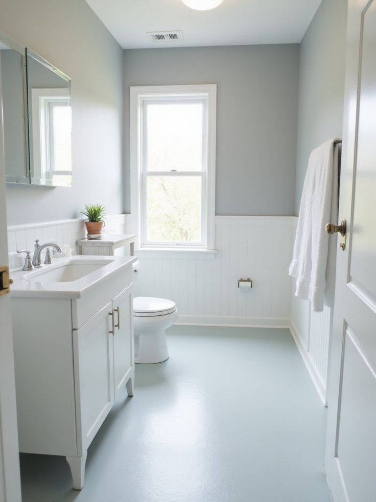 A renovated bathroom with freshly painted light gray walls and white trim, showcasing a modern and clean aesthetic.