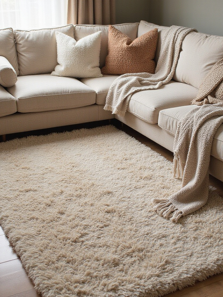 Cozy living room with rugs, throws, and pillows showcasing texture