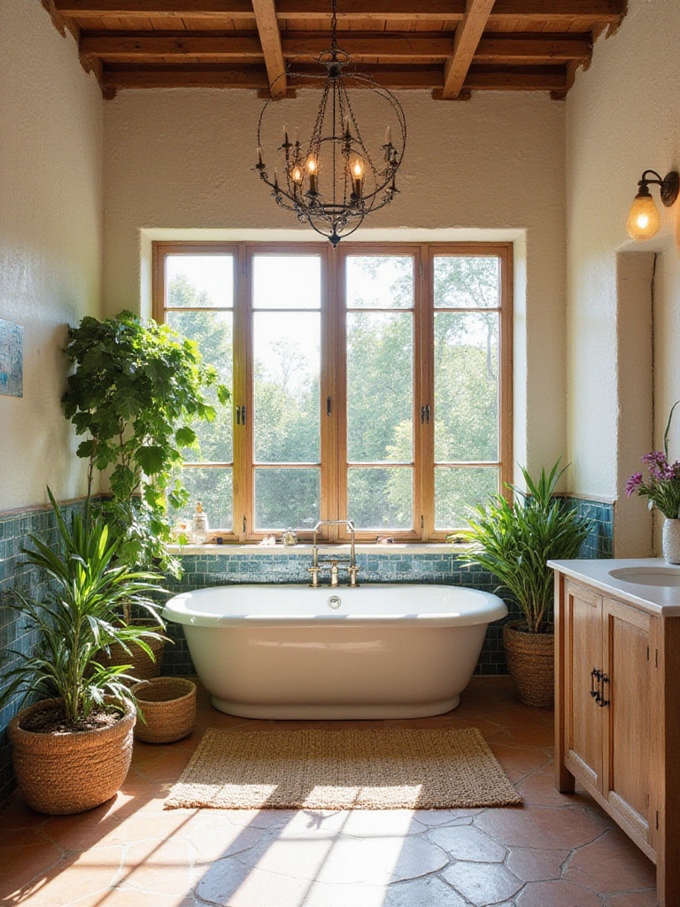 A beautifully designed Mediterranean inspired bathroom with natural light, earthy tones, and organic textures.
