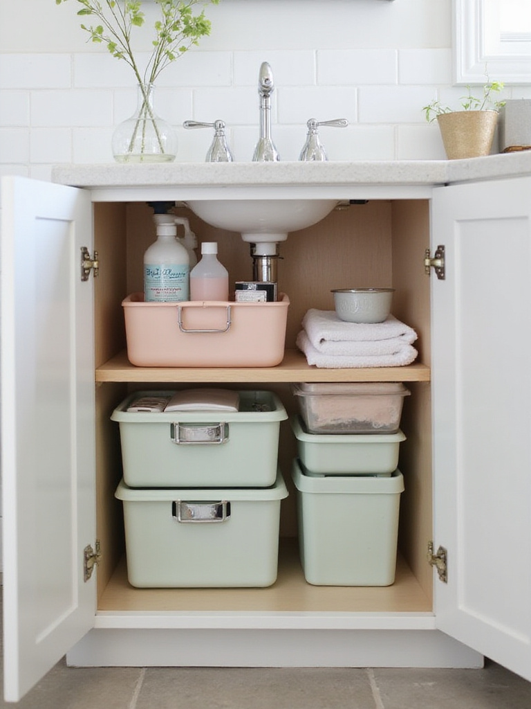 Organized under-sink cabinet with stackable bins and drawers in a small bathroom.