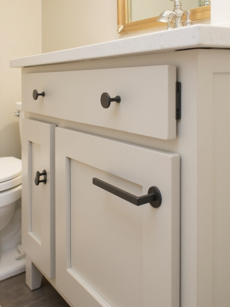 Updated cabinet and vanity hardware in a modern bathroom