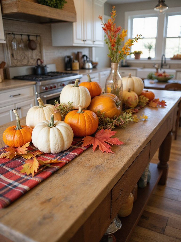 Autumn-themed kitchen island decor with pumpkins and plaid runner