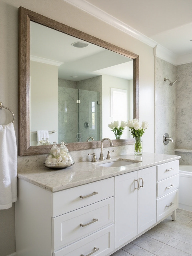 Elegant bathroom with a modern upgraded mirror reflecting light