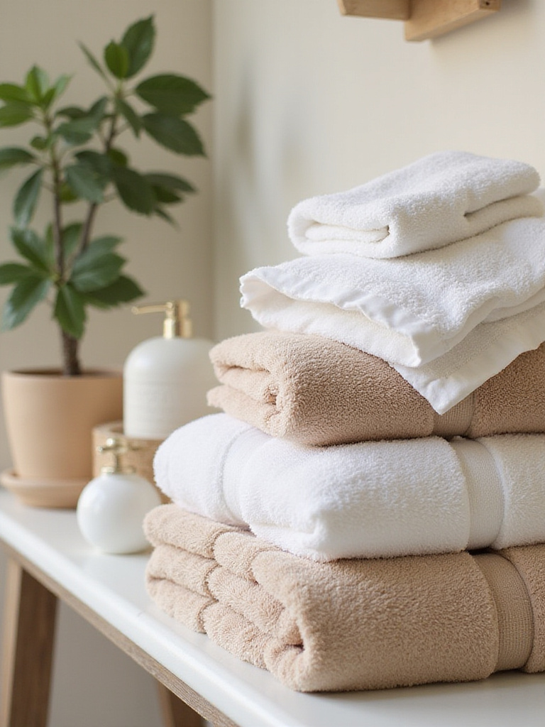Luxurious towel sets neatly arranged in a stylish bathroom setting