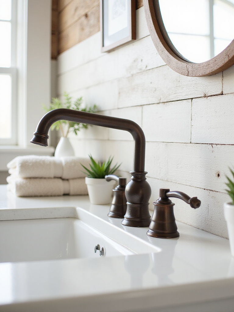 Farmhouse bathroom featuring oil-rubbed bronze faucet and rustic decor