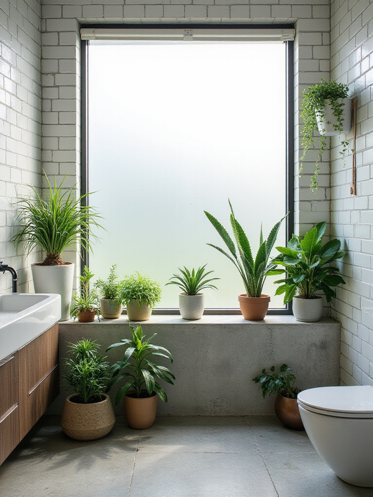 Modern bathroom with low-maintenance plants like Snake Plants and ZZ Plants in stylish pots