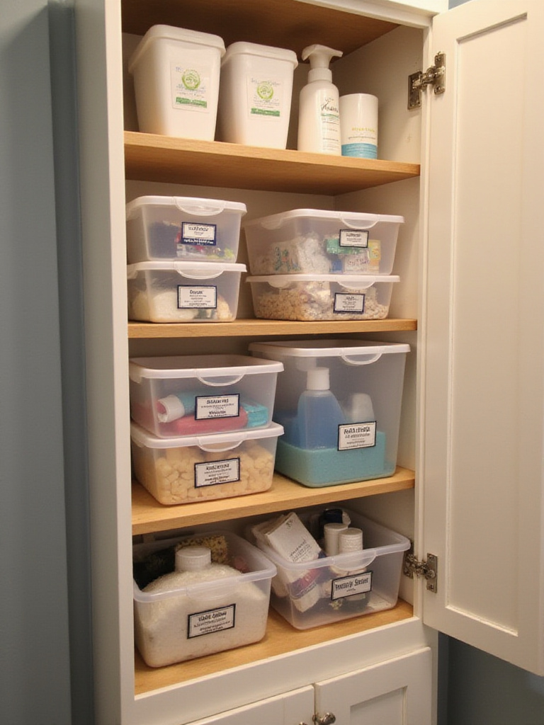 Organized bathroom cabinet with clear stackable bins displaying toiletries and cleaning supplies.
