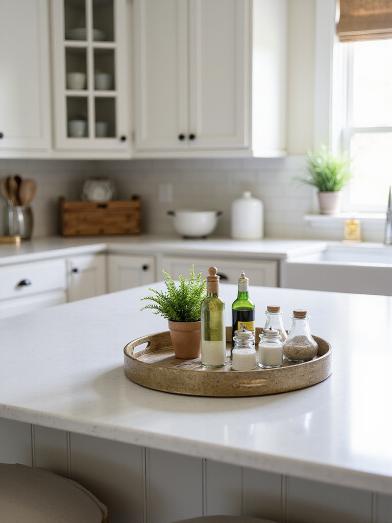 Decorative trays on a kitchen island holding everyday essentials.
