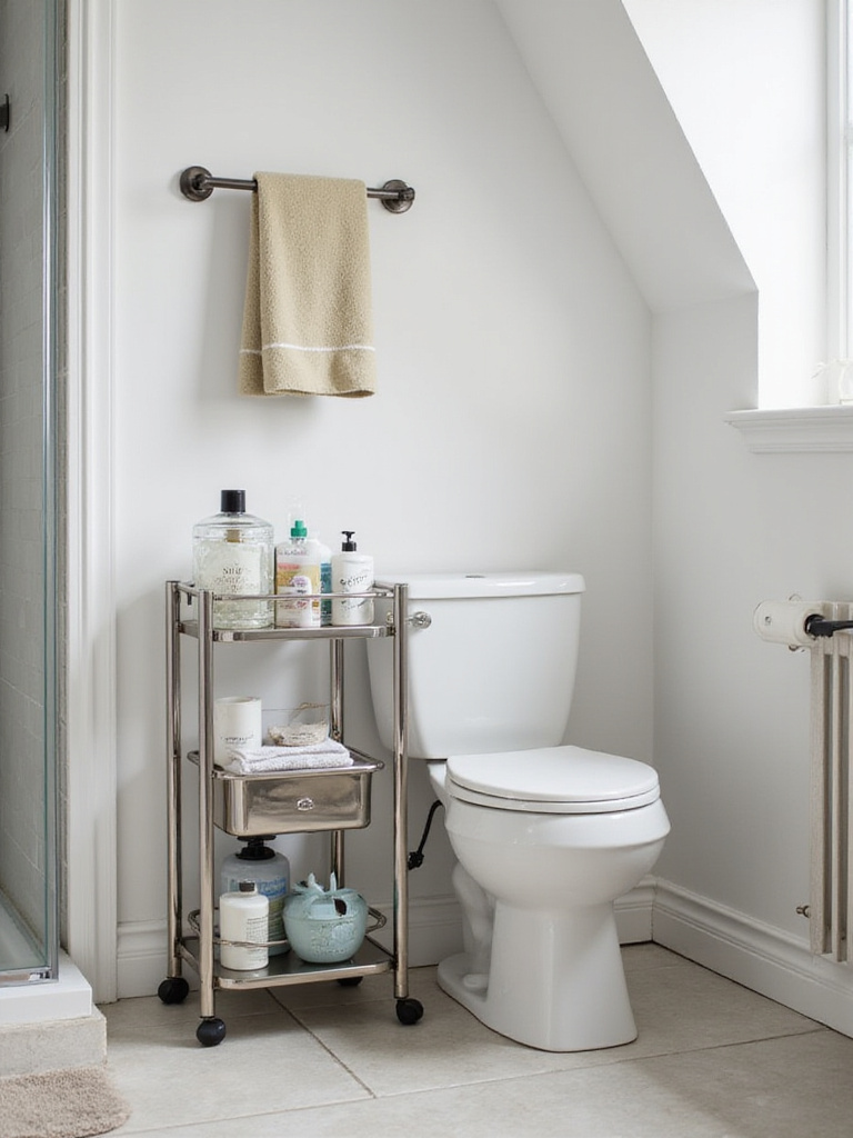 A modern bathroom with a slim rolling cart between the toilet and wall, filled with toiletries.
