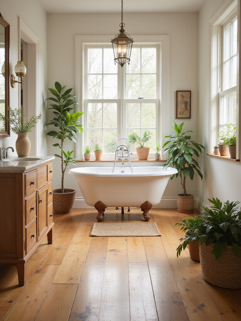 Cozy farmhouse bathroom with natural wood flooring and rustic decor.