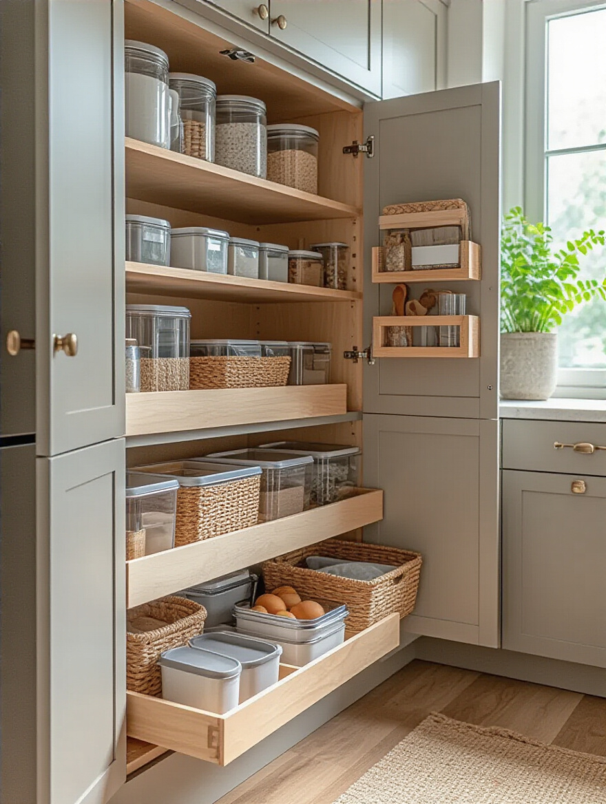 Interior view of a well-organized kitchen cabinet with neatly arranged storage solutions.