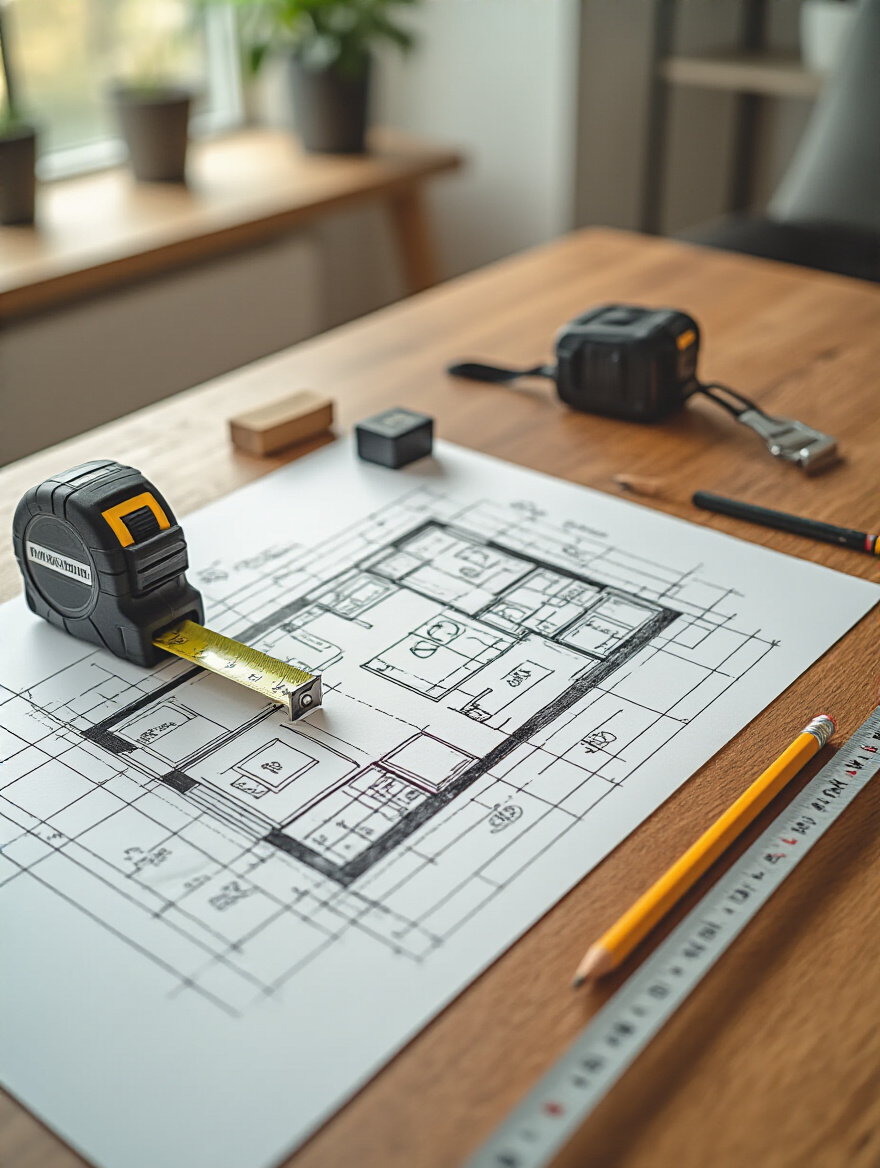 Detailed floor plan on graph paper with measuring tape and laser distance measurer on wooden table in bright apartment setting