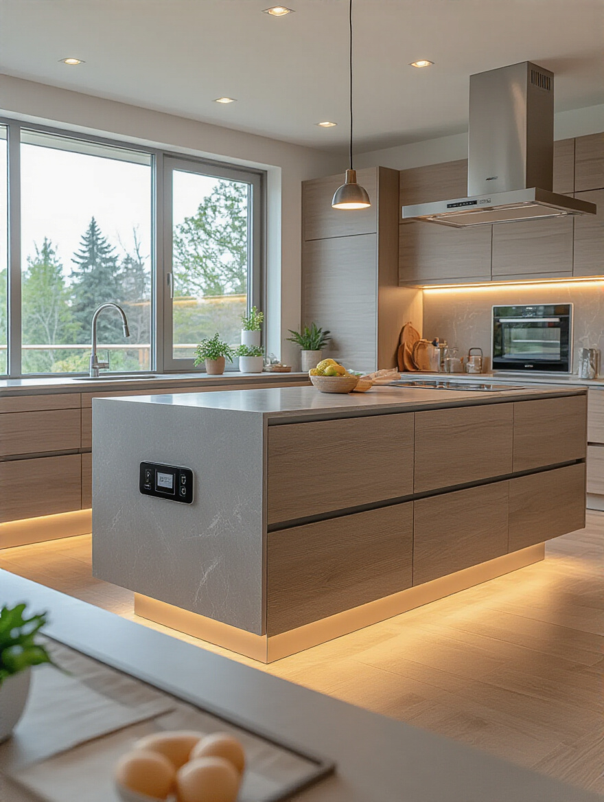 Modern kitchen island with built-in charging stations and integrated smart tech hub, no people