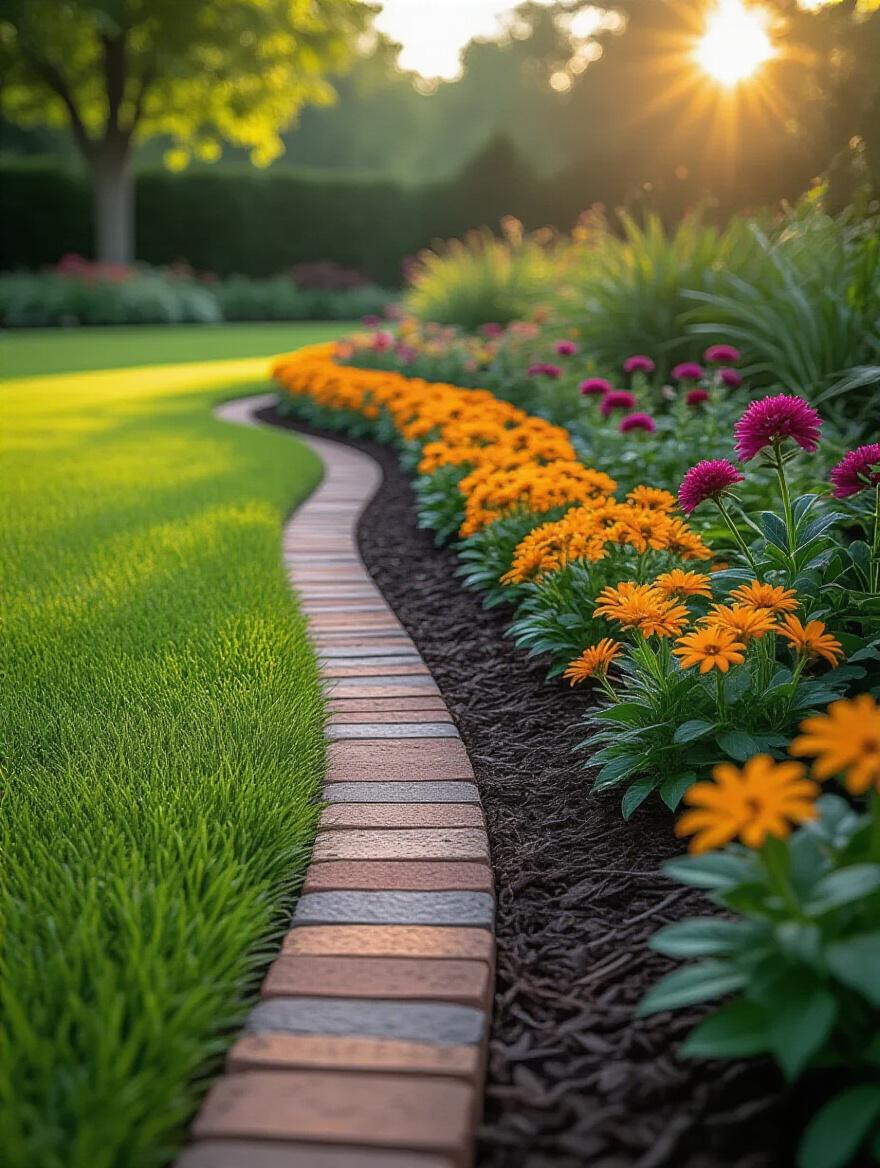 Professional photo of decorative border edging defining garden zones between lawn and flowerbeds with brick and stone material in golden hour light