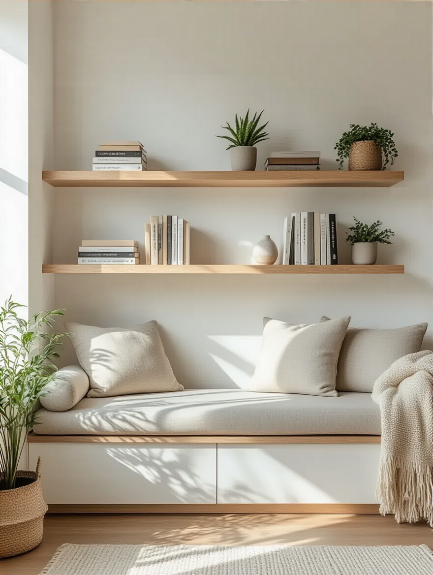 Modern apartment living room with white oak floating shelves above a compact sofa, showcasing minimalist decor and open floor space