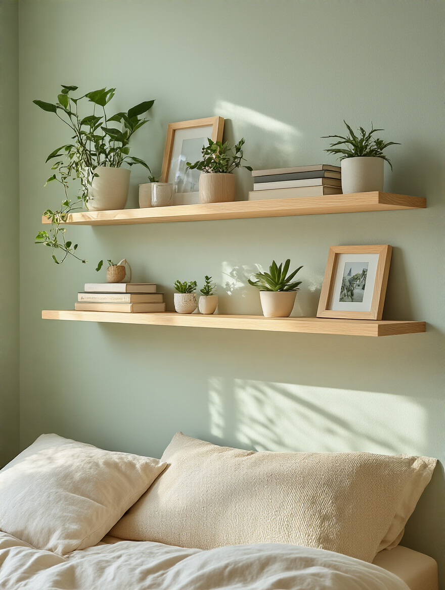 Portrait image of a small bedroom corner with floating wooden shelves displaying plants, books, and photos, showcasing vertical storage and organization.