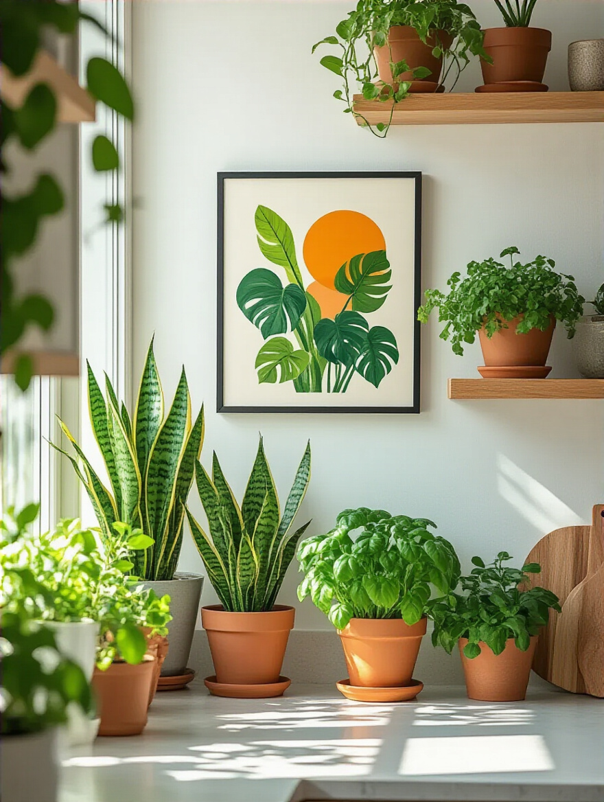 Modern kitchen corner with green plants and warm-toned framed artwork creating a cozy and personalized atmosphere