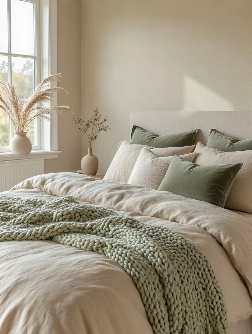 Serene beige bedroom with subtle sage green and velvet color pops on bed linens for visual interest
