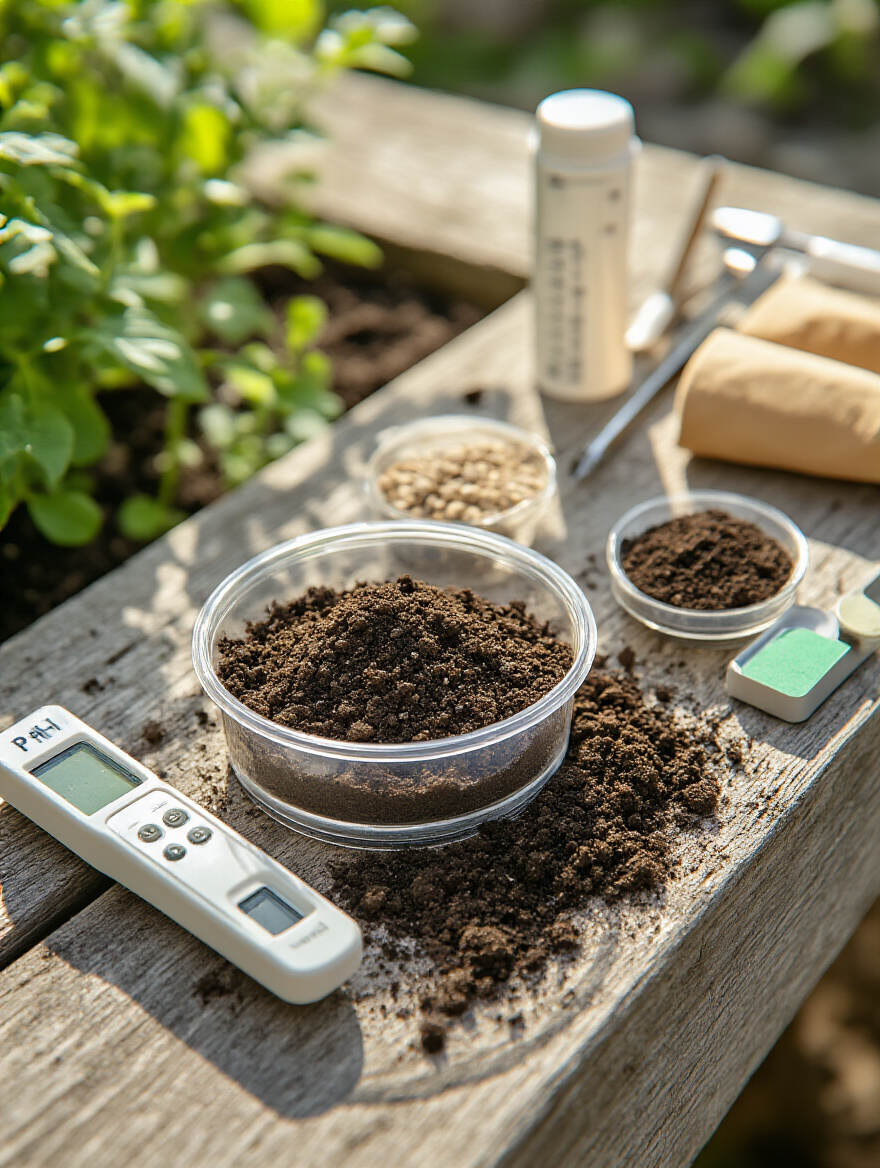 Close-up of soil sample and soil testing tools on wooden bench in garden, natural daylight
