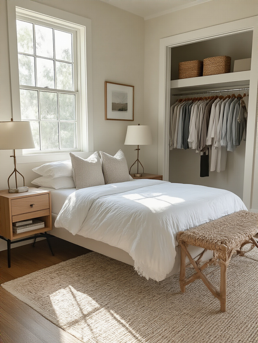 Optimized bedroom layout showcasing clear pathways and stylish furniture arrangement.
