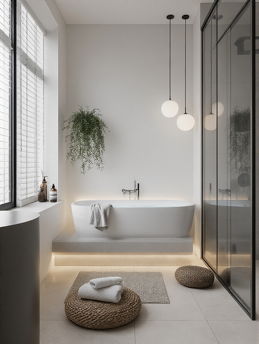 Minimalist bathroom portrait showing optimized layout with floating vanity and sliding shower door
