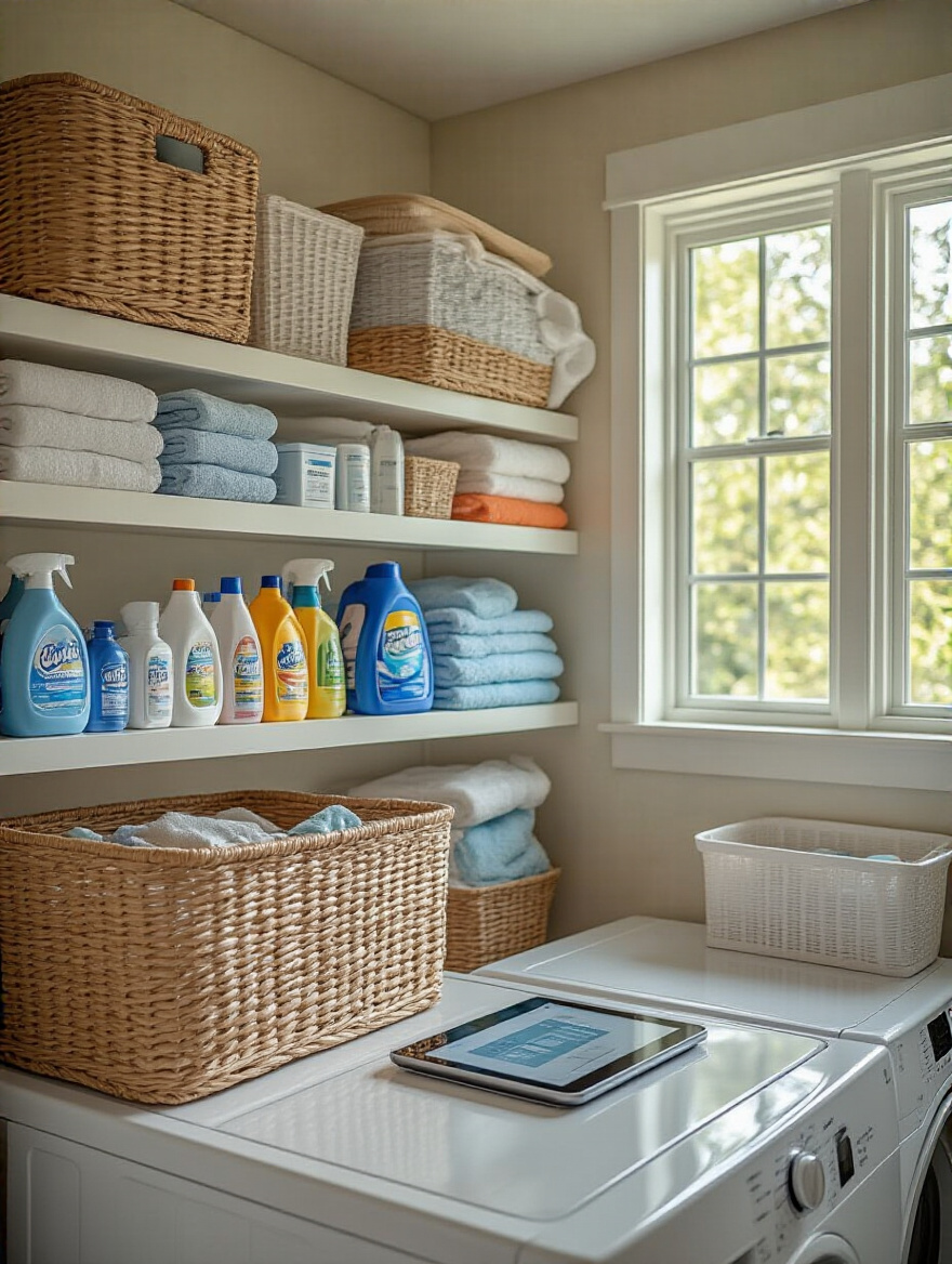 Organized laundry room with supplies and tablet for automated reordering