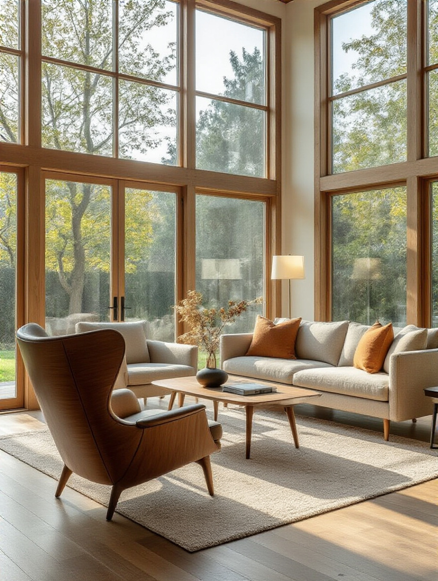 Balanced living room furniture arrangement showing scale and proportion between chairs, sofa, and coffee table in a modern living room
