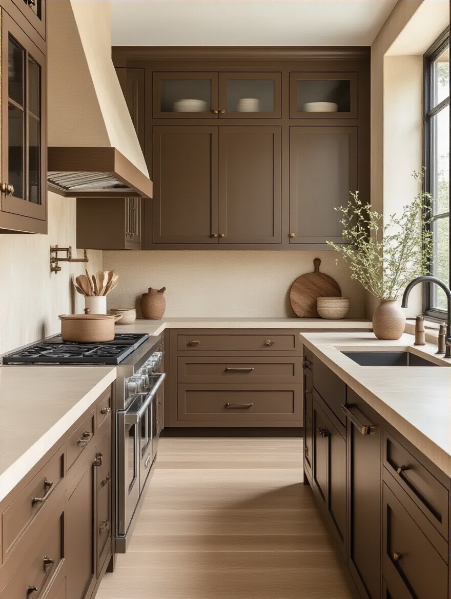 A cozy kitchen featuring a blend of brown shades including cabinetry, countertops, and accents.