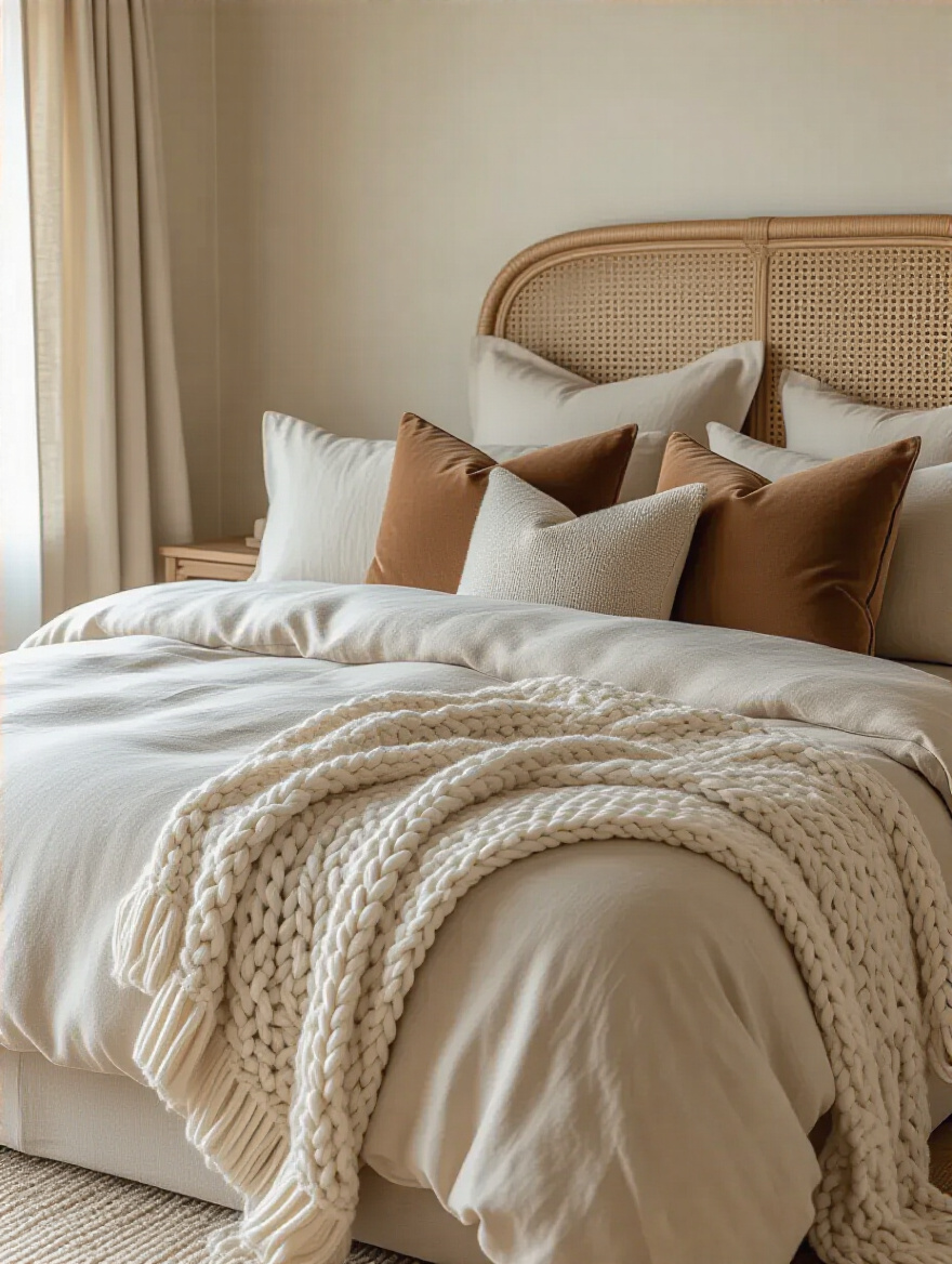 Serene beige bedroom with varied fabric weaves including linen duvet, velvet pillows, and cable-knit blanket creating tactile interest
