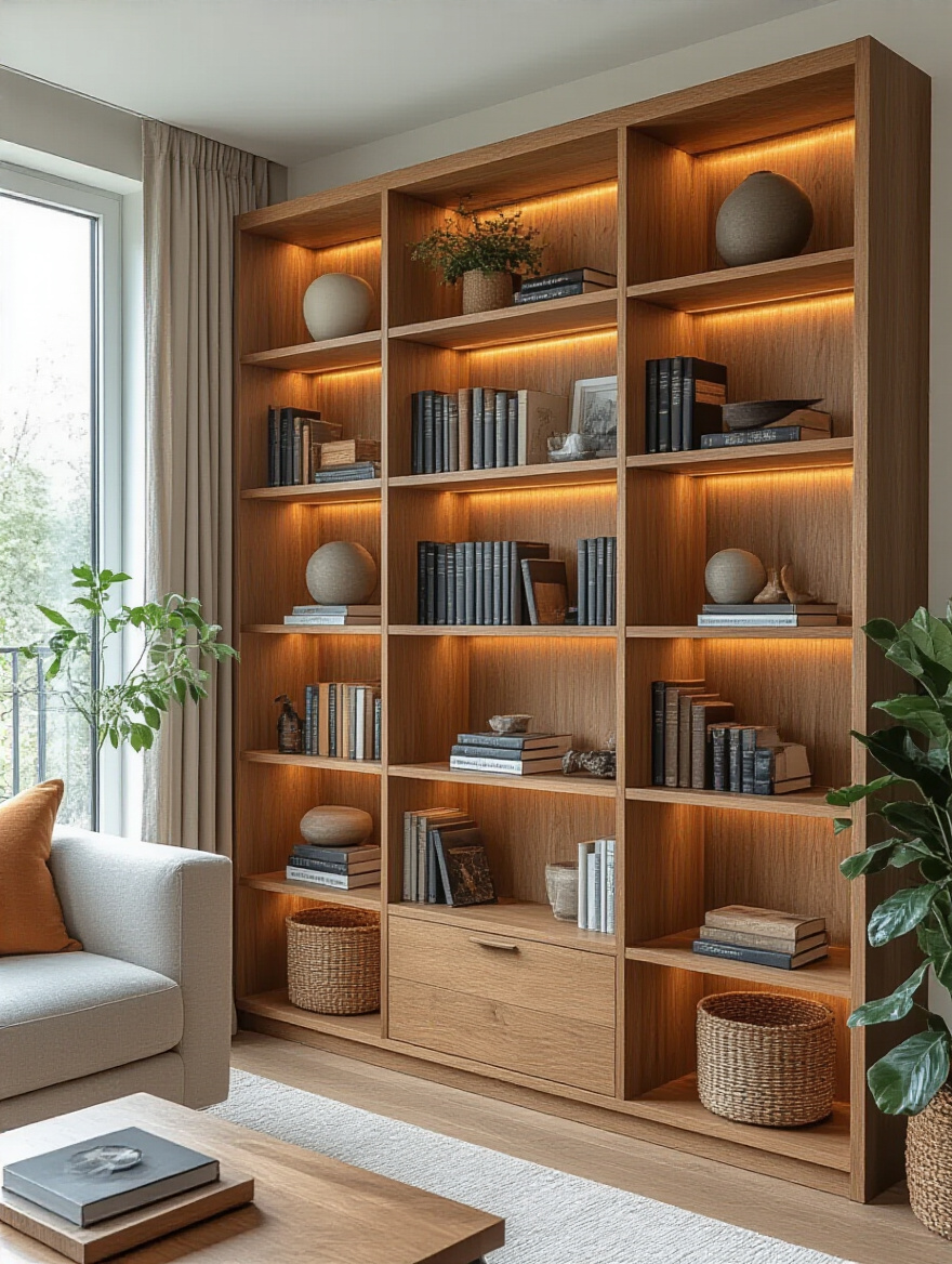 A modern bookcase styled with books and decor in a cozy living room setting.