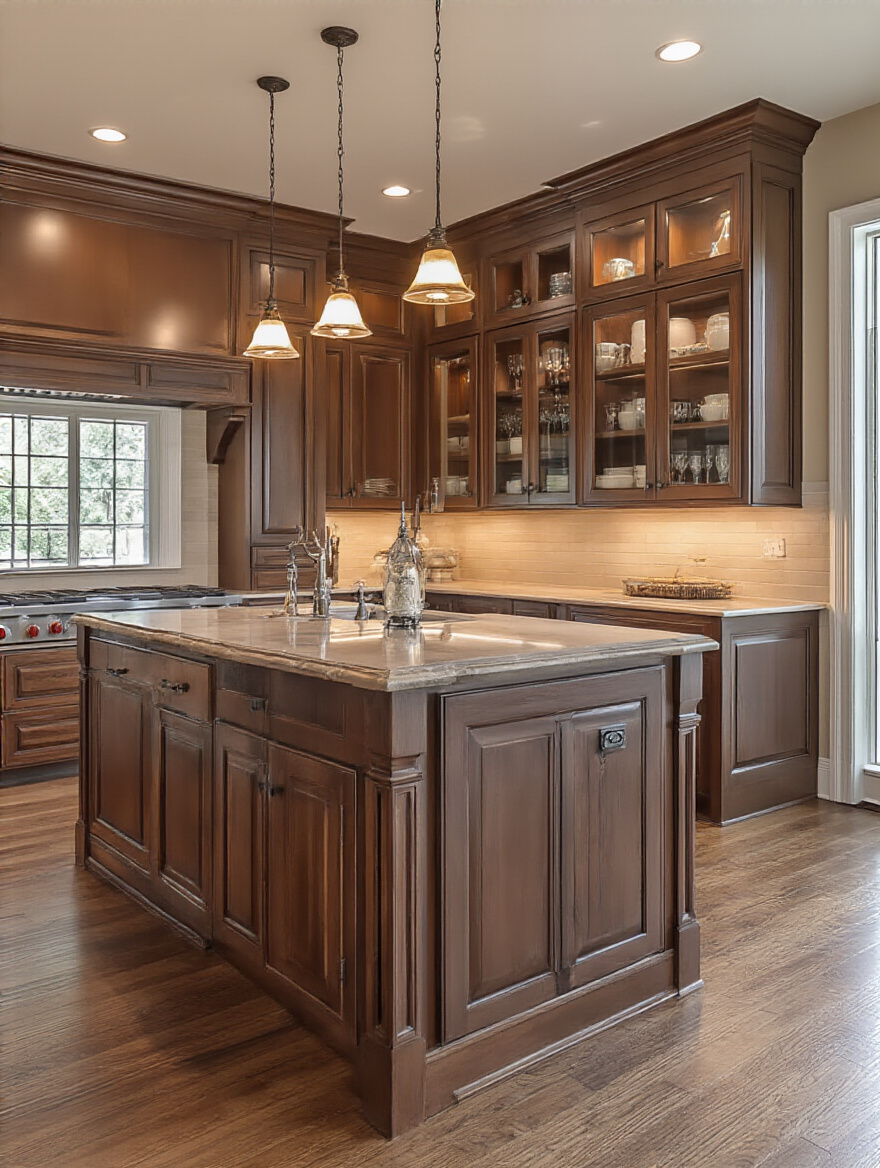 Bright brown kitchen with layered lighting strategies for a bright and cozy ambiance.