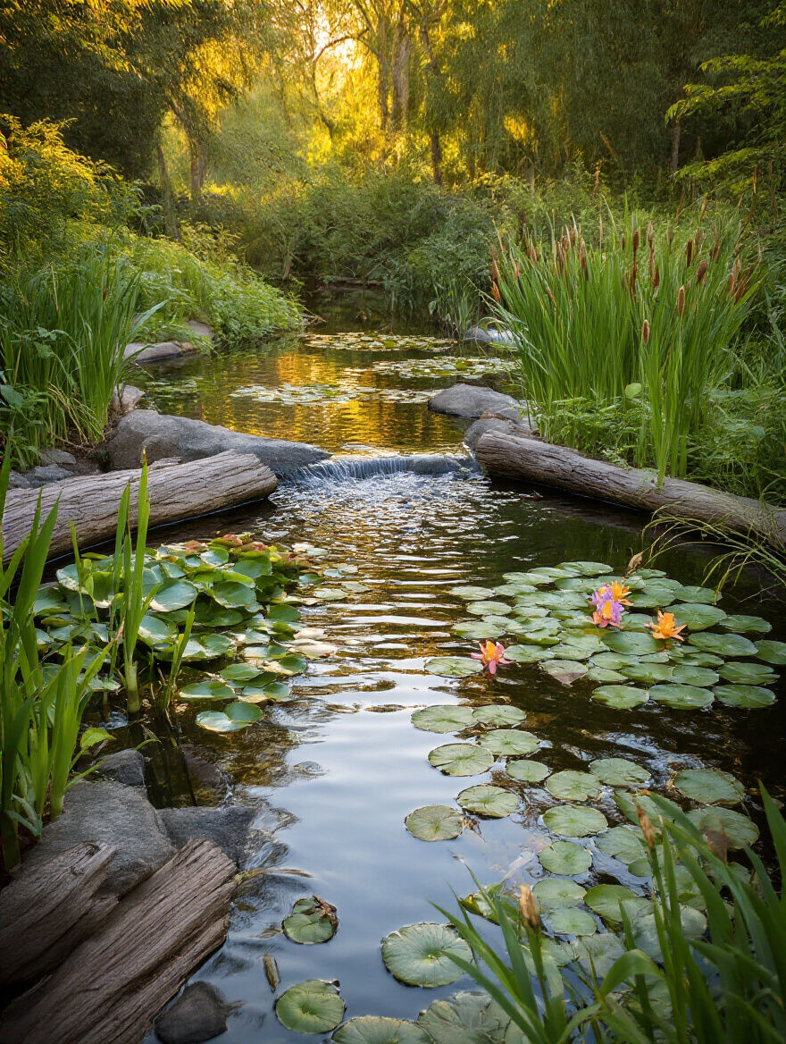 Calming water feature in garden with aquatic plants and natural stone edges attracting wildlife