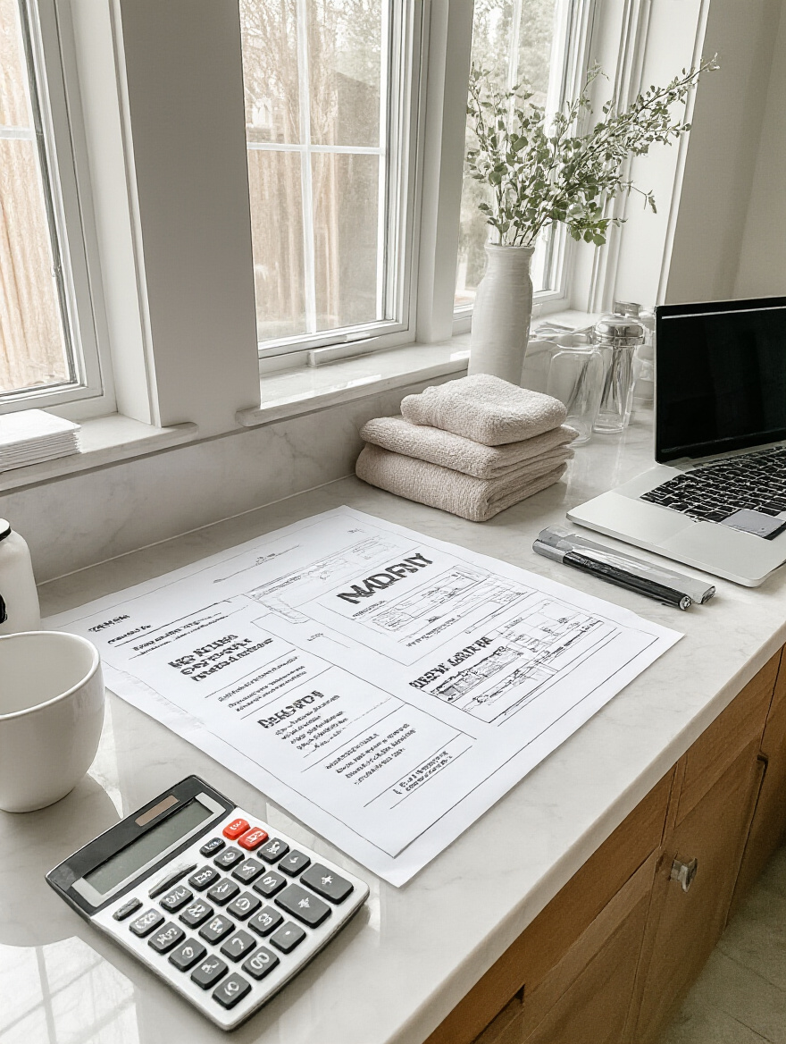Budget planning for a bathroom renovation with papers and a calculator on a modern countertop.