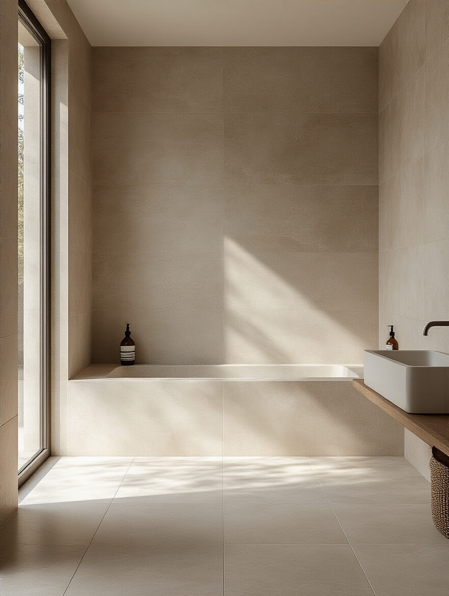 Minimalist bathroom with large-format porcelain tiles creating seamless walls and floors with minimal grout lines
