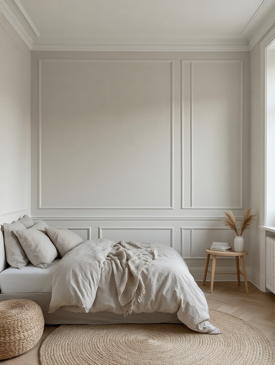 Small bedroom with light off-white and pale gray walls visually expanding space