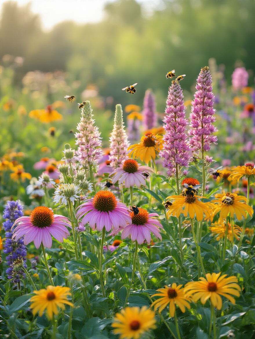Close-up portrait photo of regional native plants blooming with bees and butterflies in a garden under morning light