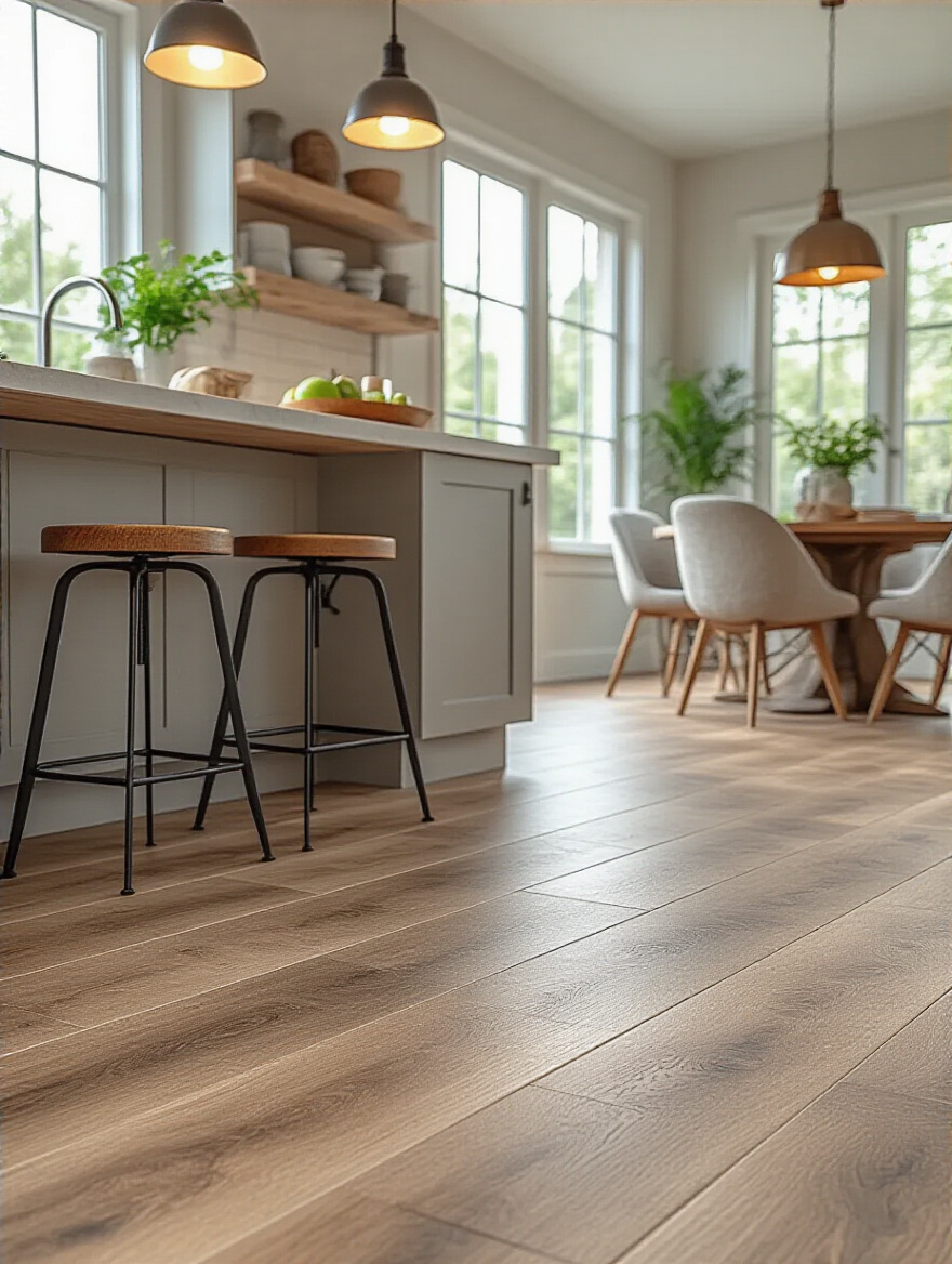 Modern kitchen with resilient flooring showcasing style and durability.