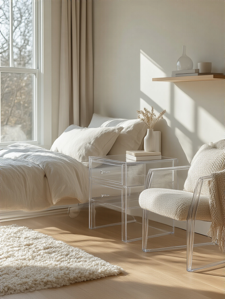 Small bedroom with clear acrylic see-through furniture and minimalist decor under natural light