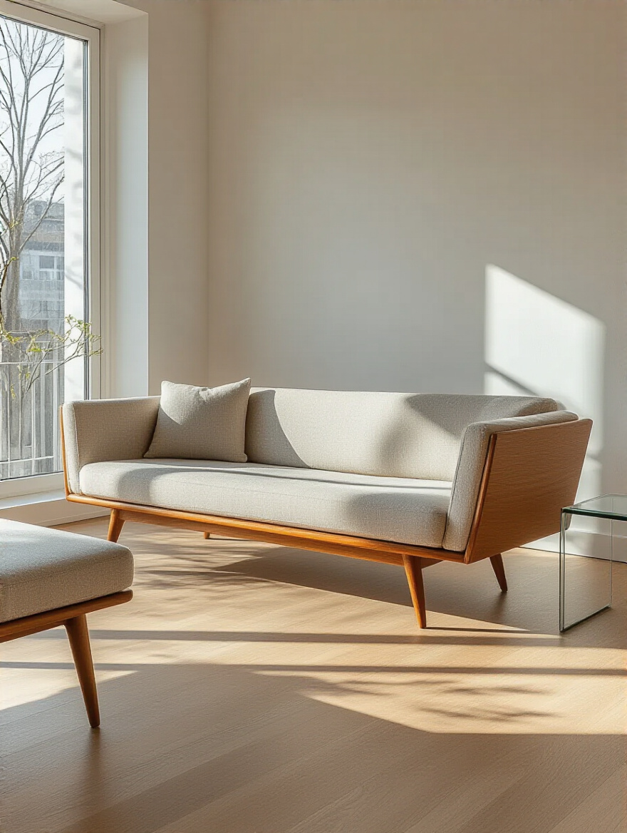 Modern apartment living room featuring slim-profiled seating with slender legs and narrow arms on light hardwood flooring, illuminated by natural daylight.