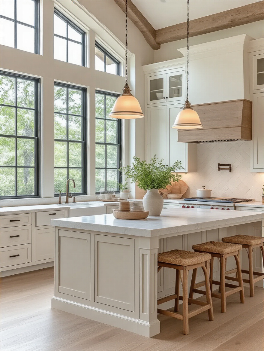 Portrait image of a cohesive and stylish kitchen interior showcasing a unified design style with cabinetry, countertops, lighting, and decor elements