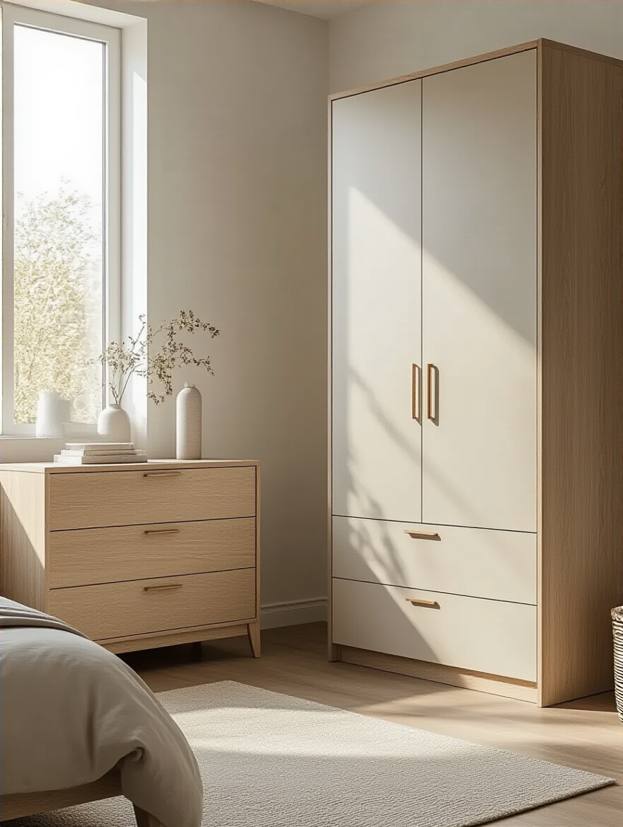 Modern dresser and wardrobe in a beautifully designed bedroom