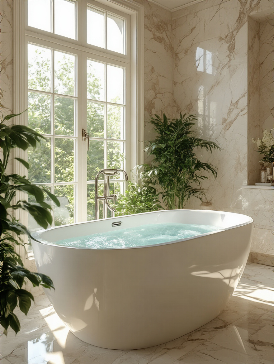 Luxurious freestanding soaking tub in a serene master bathroom setting