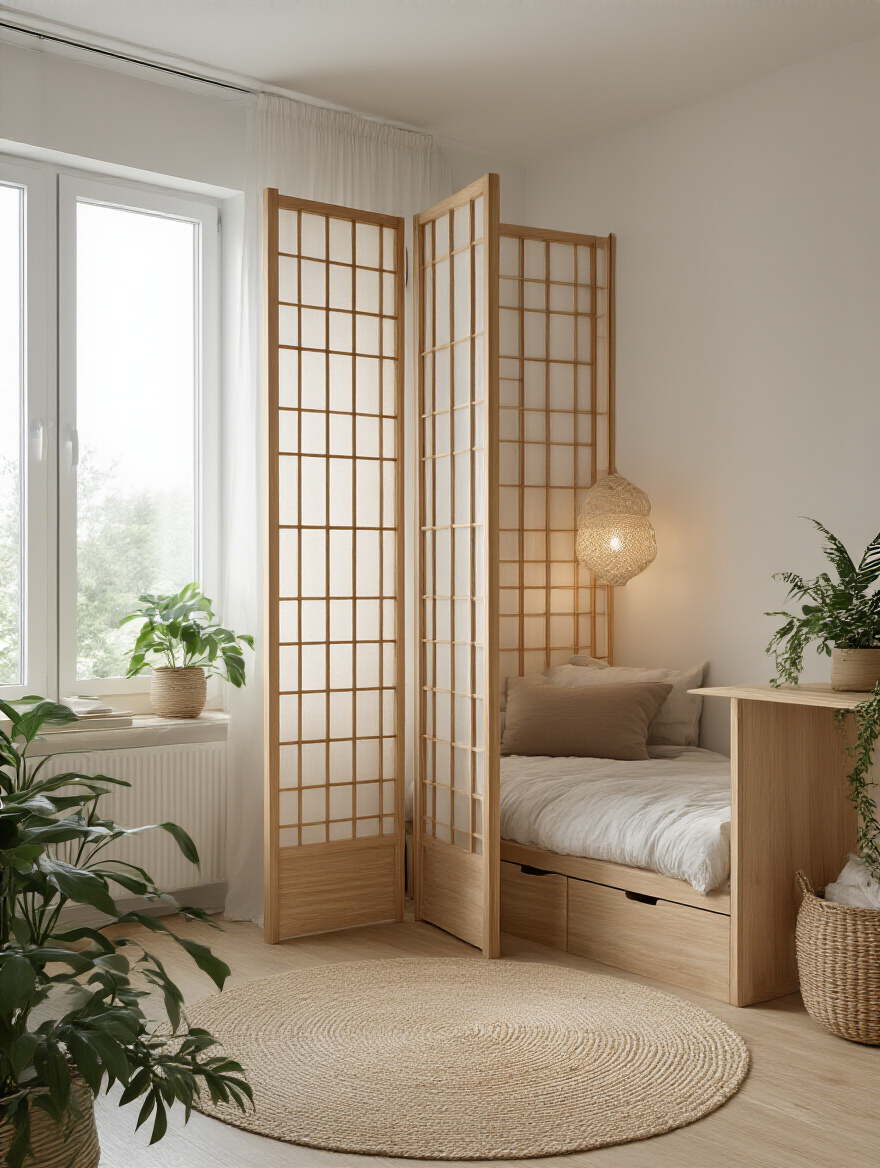 Modern bedroom featuring a stylish natural wood room divider, creating a cozy separate space.
