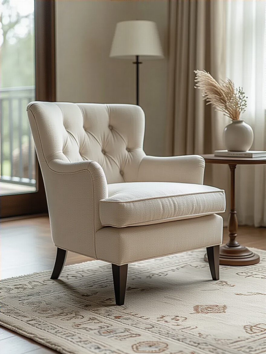 Elegant chair perfectly matching living room aesthetic with complementary decor in a well-lit setting