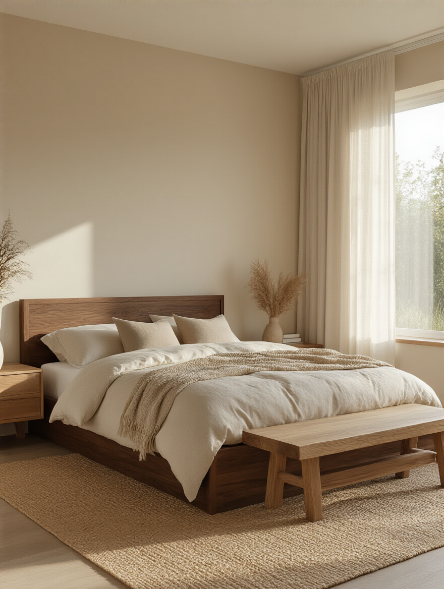 Serene beige bedroom with layered complementary wood tones including dark walnut bed and light oak nightstands, featuring warm natural lighting