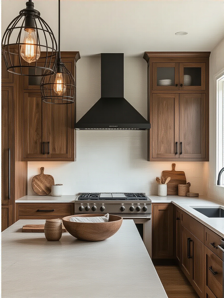 A cozy brown kitchen showcasing dark metal fixtures and warm cabinetry.