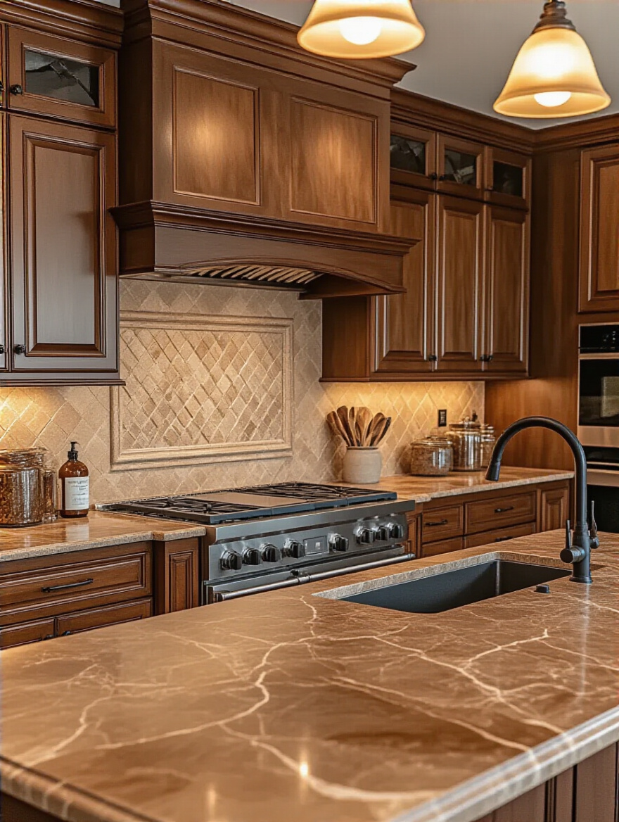 Cozy kitchen with warm brown hues and inviting ambiance